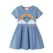 JSCDRPDWL Flower Girl Dress Girls Dress Summer Dress Rainbow Stripe Embroidery Pattern Little Girl Dress Children Princess Dress Girls White Dress Blue 4-5 Years